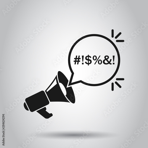 Shout speech bubble with megaphone icon in flat style. Complain vector illustration on isolated background. Angry emotion business concept.