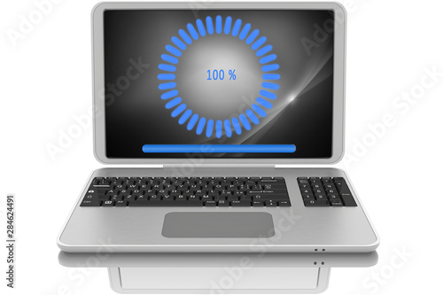 Computer portatile aperto con simbolo del download dei file..