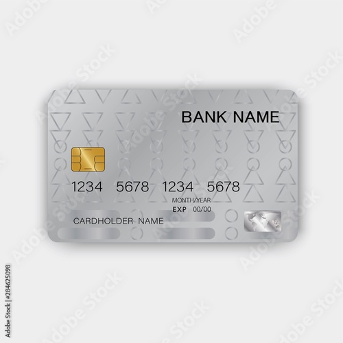 Silver credit card design. With inspiration from abstract. On white background. Glossy plastic style.