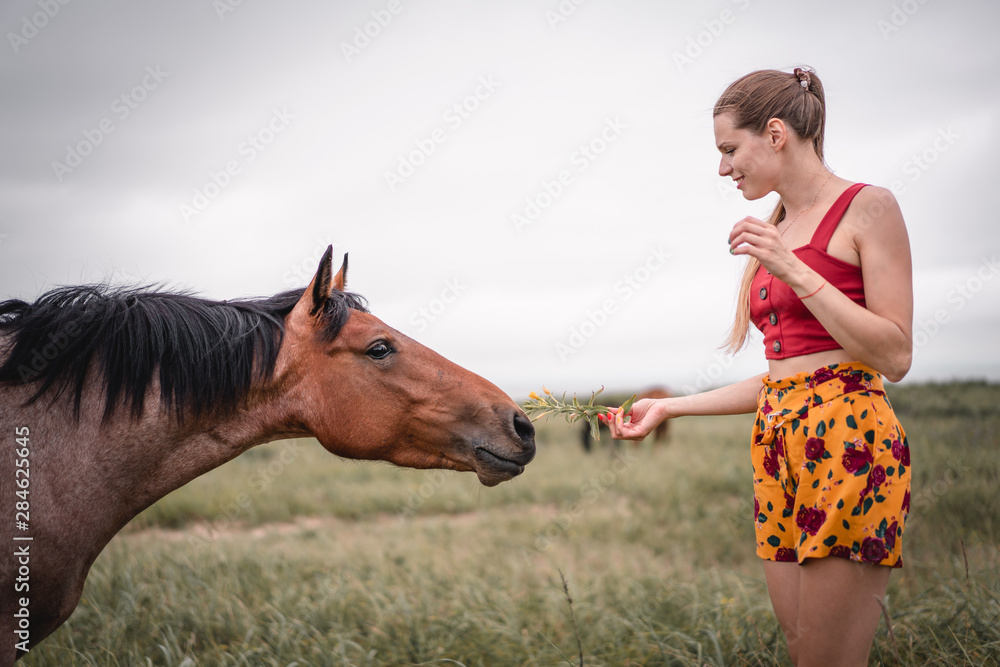 Obraz premium Smiling woman and brown horse