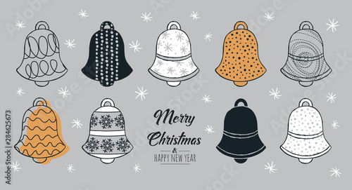Set of hand drawn christmas bell. Decoration isolated elements . Doodles and sketches vector illustration