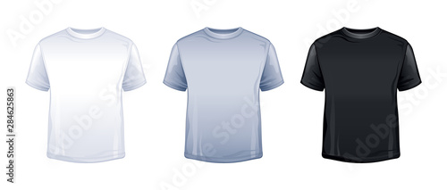 T-shirt mock up in white, gray, black color. Blank tshirt mockup. Trendy unisex sport t shirt model for kid, teen, adult. Fashion body wear icon. 3d Vector illustration set, isolated background