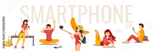 Set of characters interacting with their smartphones. Young men and women writing and reading messages, listening to music, taking selfies with phones. 