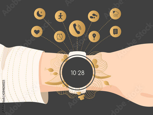 Smart watch on the left wrist displaying time. The icons show the functions of a smart gadget. Vector illustration.