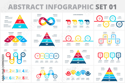 Abstract infographic elements set. Business templates for presentation. Vector concept with 3, 4, 5 and 6 options or steps. Circles, arrows, pyramids and other diagrams.