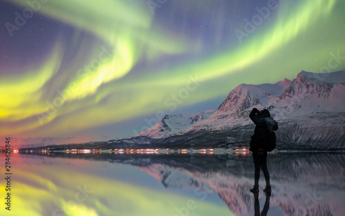 Quadro su tela Northern lights (Aurora borealis) in the sky over Tromso, Norway