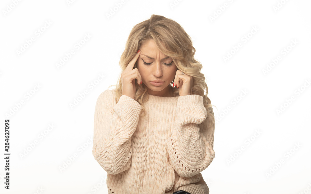 Health And Pain. Stressed Exhausted Young Woman Having Strong Tension Headache. Closeup Portrait Of Beautiful Sick Girl Suffering From Head Migraine Health And Pain. Stressed Exhausted Young Woman Having Strong Tension Headache. Closeup Portrait Of Beautiful Sick Girl Suffering From Head Migraine