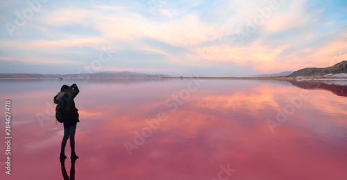 Fototapeta Naklejka Na Ścianę i Meble -  Maharlu pink lake at sunset - Shiraz, Iran
