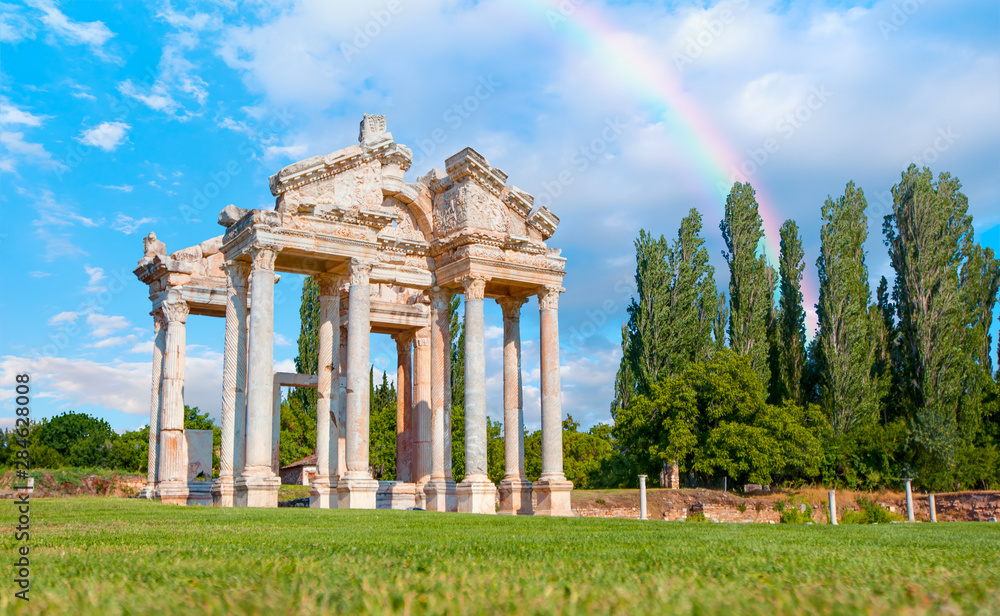 Famous Tetrapylon Gate in Aphrodisias with rainbow