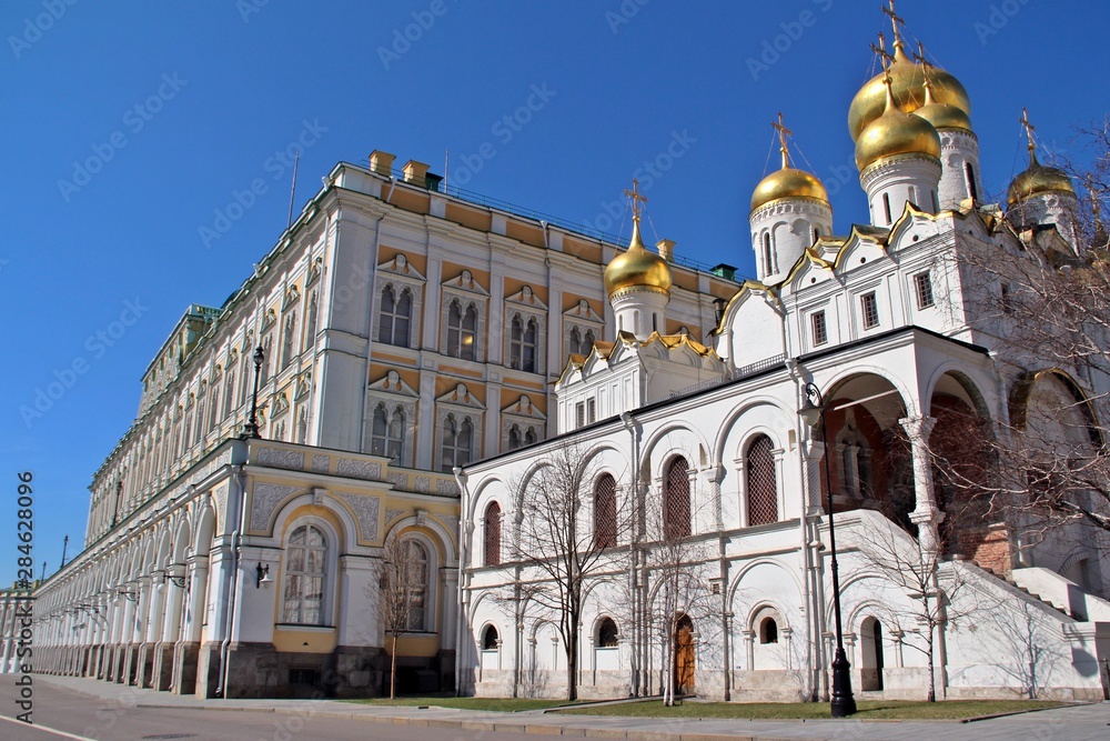 Grand Kremlin Palace Facade the Armoury and Borovitskaya Tower at lower left