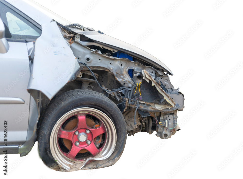 Front of car damaged and broken by accident on road Front of car damaged and broken by accident on road