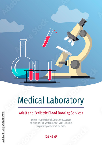 Flyer, banner, poster, brochure design with microscope, test tubes and flask. Medical research, laboratory diagnostics, blood analysis, medicine and health care services concept. Vector illustration.