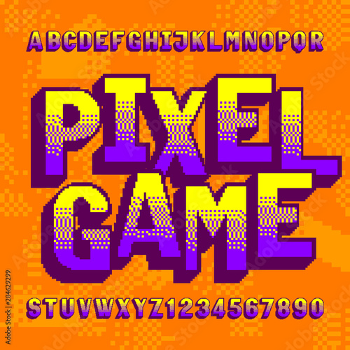 Pixel game alphabet font. Colorful digital letters and numbers on pixel background. Retro 80s video game typescript.