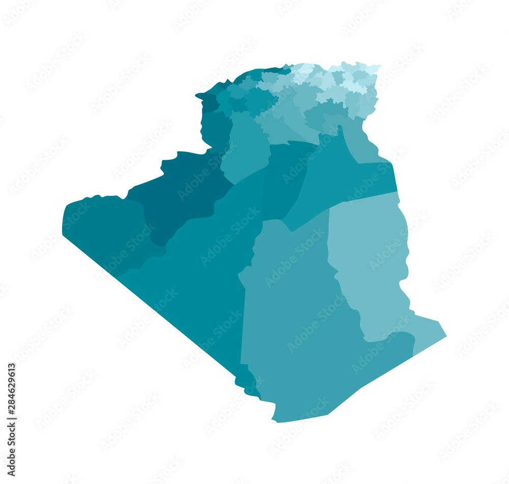 Vector isolated illustration of simplified administrative map of Algeria. Borders of the provinces (regions). Colorful blue khaki silhouettes