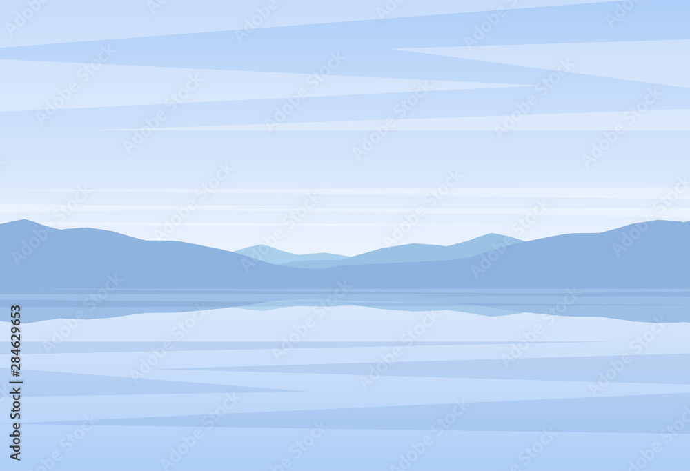 Calm blue Landscape with lake or bay and mountains on horizon