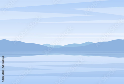 Calm blue Landscape with lake or bay and mountains on horizon