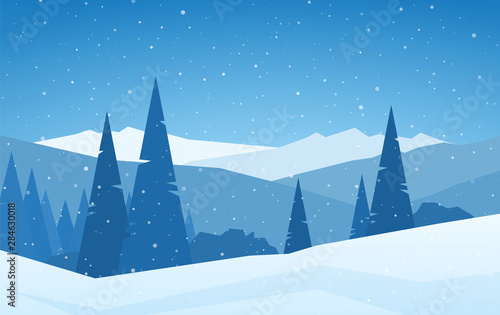Winter Christmas snowy calm Mountains landscape with pines, hills and snowflakes.