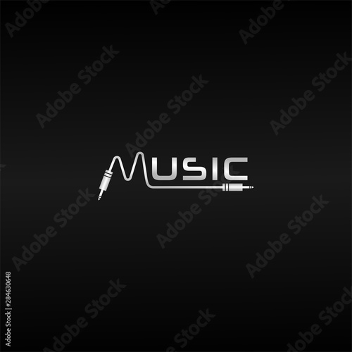 Silver Music Wave Logo Design Template, Cable Jack Logo Concept, Black Background