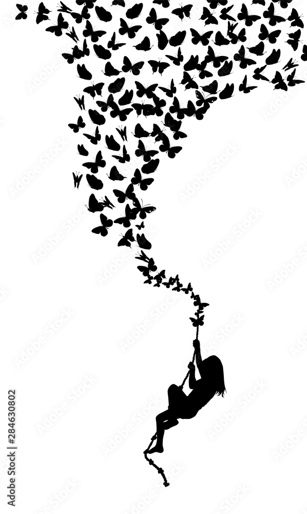 Fototapeta premium Dziewczyna Silhouette wspina się po linie. Wiele latających motyli. Ilustracji wektorowych