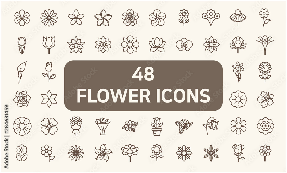 Set of 48 flower and Botanical Icons line style.  Contains such Icons as floral, nature, bouquets, flowers, bloom, flowerpot, botanicals, rose And Other Elements.  customize color, easy resize.