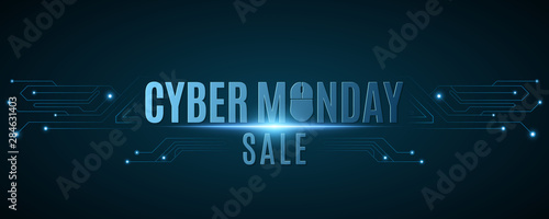Cover for cyber monday sale. Hi-tech background from a computer circuit board. Computer mouse. Glowing neon blue connecting lines with lights. Vector illustration