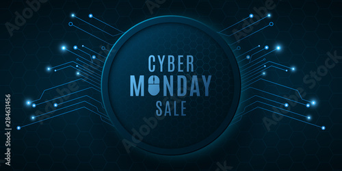 Cyber Monday Sale. High-tech background from a computer circuit board. Computer mouse. Glowing neon blue connecting lines with lights. Vector illustration