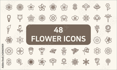 Set of 48 flower and Botanical Icons line style. Contains such Icons as floral, nature, bouquets, flowers, bloom, flowerpot, botanicals, rose And Other Elements. customize color, easy resize.