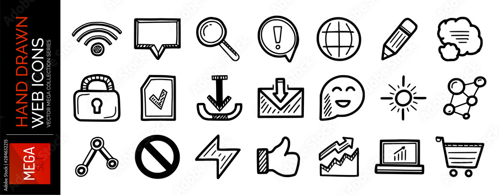 Set of hand drawn black web internet icons: wifi, speech bubble, magnifier, pencil, lock, email, stop and other symbos. Vector sketch style design Set of hand drawn black web internet icons: wifi, speech bubble, magnifier, pencil, lock, email, stop and other symbos. Vector sketch style design