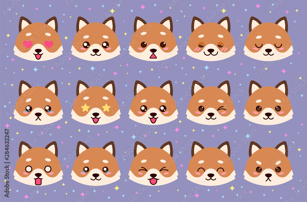 Fototapeta premium Colorful vector set of cute fox emoticons. Collection isolated funny muzzle fox with different emotion in cartoon style.