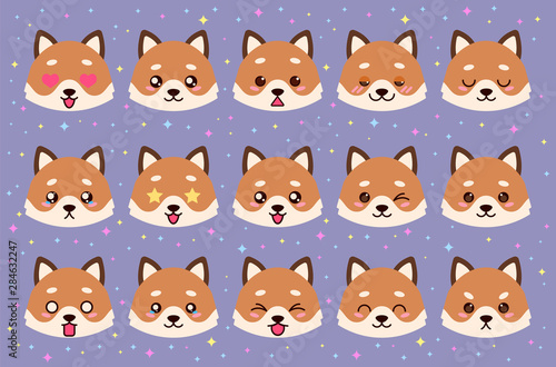 Colorful vector set of cute fox emoticons. Collection isolated funny muzzle fox with different emotion in cartoon style.