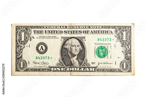 Close up of one US dollar isolate on white background. USA dollar bill. Texture of one US dollar banknote.