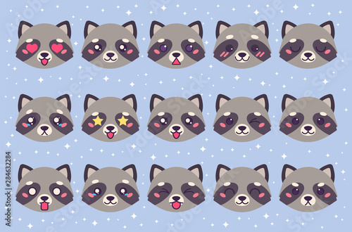 Colorful vector set of cute raccoon emoticons. Collection isolated funny muzzle coon with different emotion in cartoon style.