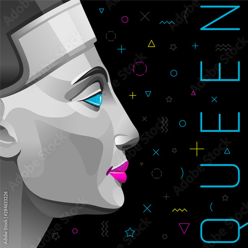 Memphis poster, cover, banner, invitation with Nefertiti, Cleopatra queen in trendy style for music party, travel concept, t-shirt print. Ancient Egyptian vector illustration on black background