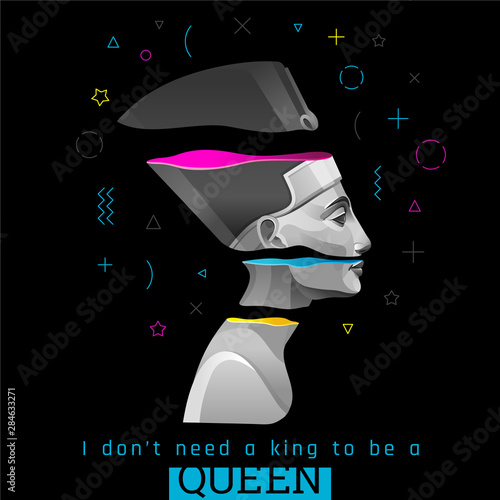 Memphis poster, cover, banner, invitation with Nefertiti, Cleopatra queen in trendy style for music party, travel concept, t-shirt print. Ancient Egyptian vector illustration on black background