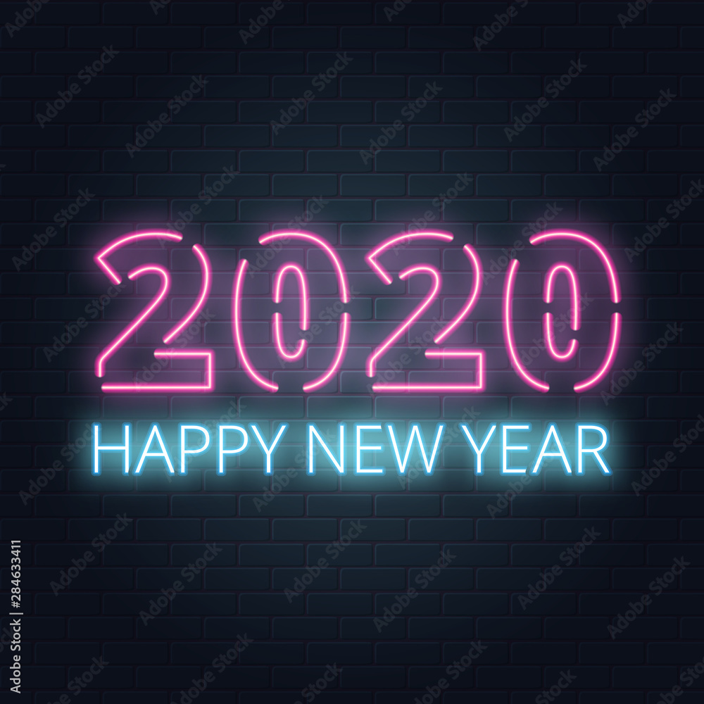 Greeting card, invitation with happy New year 2020. Christmas lettering in Neon style on brick background. Blue and Purple neon colors. Hand drawn lettering. Vector illustration