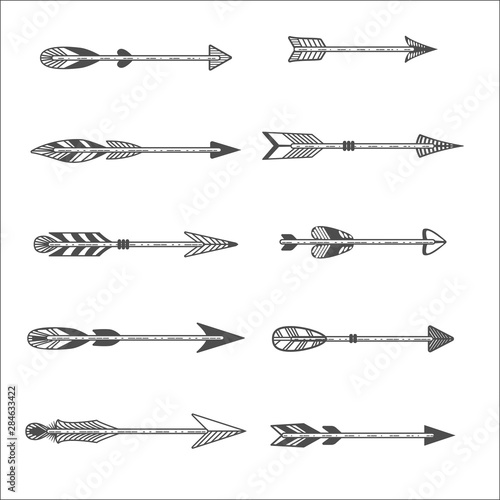 Arrows set in style flat. Ethnic collection with doodle arrows for your design. Vector illustration on white isolated background