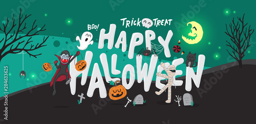 Halloween banner background party at night concept and character design cute.