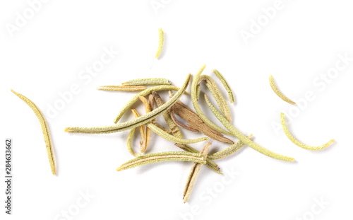 Pile of dry rosemary macro isolated on white background, top view