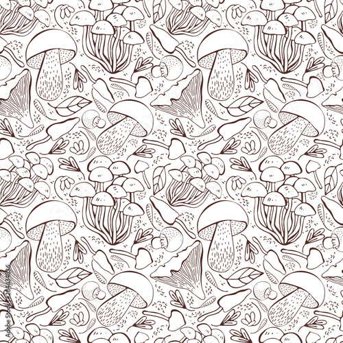 Vector autumn seamless pattern with cute mushrooms and leaves. Repeated texture with natural elements for the autumn season. Manual printing for fabric, wrapping paper, product packaging.