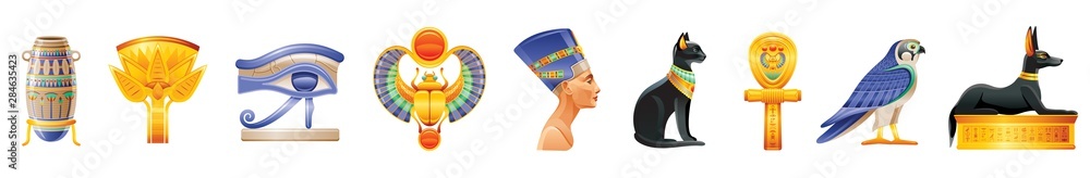 Ancient Egypt icon set. 3d God, pharaoh sign. Cartoon vase, lotus ...