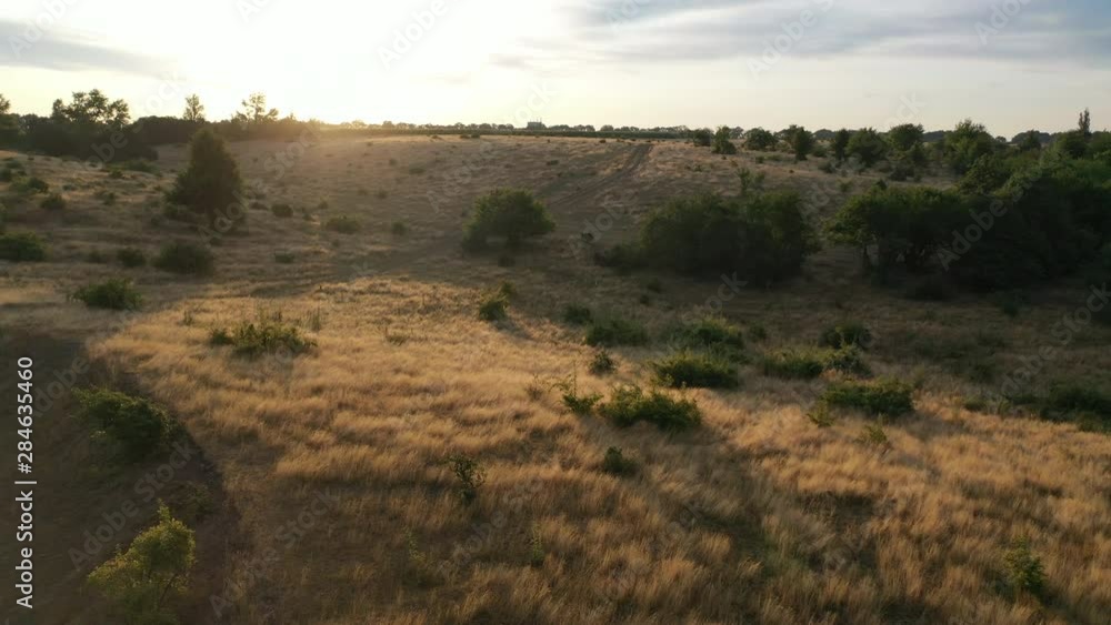 Aerial video shooting, 4k, flying over the meadow on which the grass has dried, and there is a dirt road Rural landscape Aerial video shooting, 4k, flying over the meadow on which the grass has dried, and there is a dirt road Rural landscape