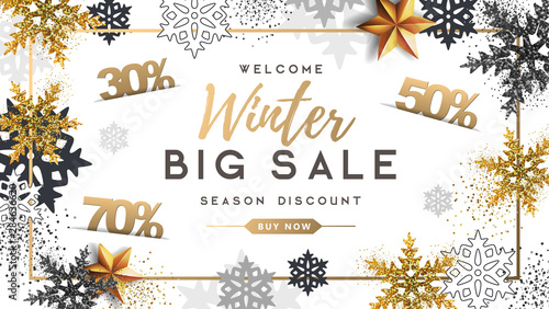 Winter poster with golden Christmas snowflakes and stars. Winter big sale poster. Wiinter background