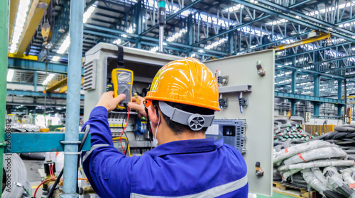 Electrician engineer works to repair a control panel at substation with voltage meter equipment in industry factory, Technician job check the fault in switch board at construction site 