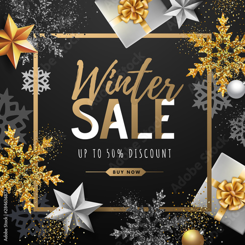 Winter poster with golden Christmas snowflakes and presents. Winter big sale poster. Wiinter background