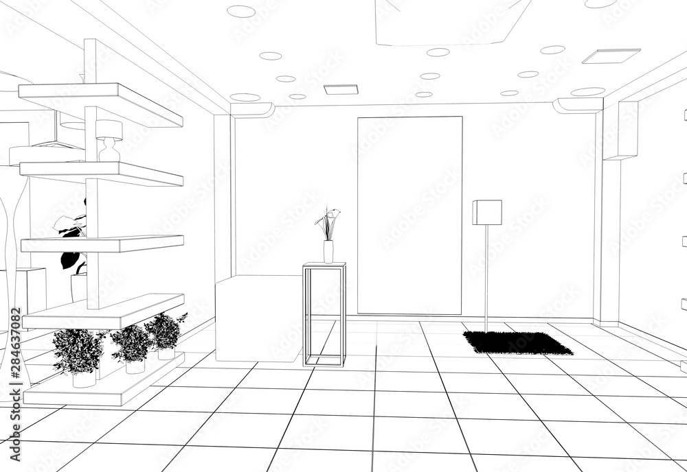 interior, exhibition hall, contour visualization, 3D illustration, sketch, outline interior, exhibition hall, contour visualization, 3D illustration, sketch, outline
