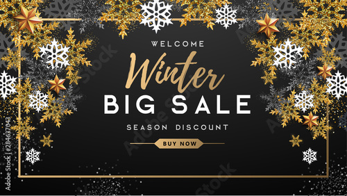 Winter poster with golden Christmas snowflakes and stars. Winter big sale poster. Wiinter background