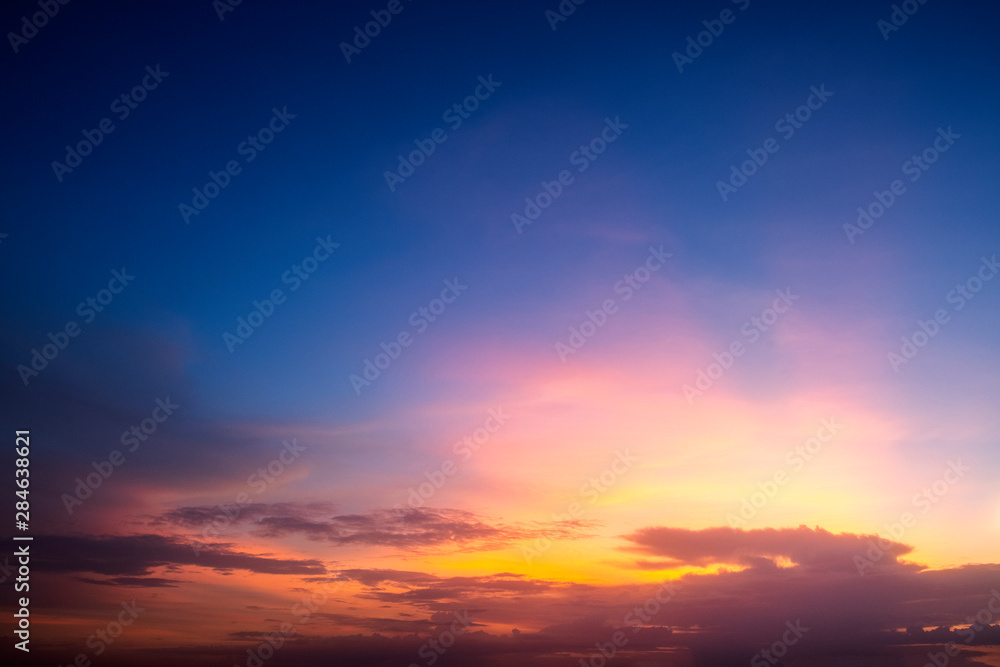 Dramatic beautiful sunset. Orange and yellow colors sky light. - Image