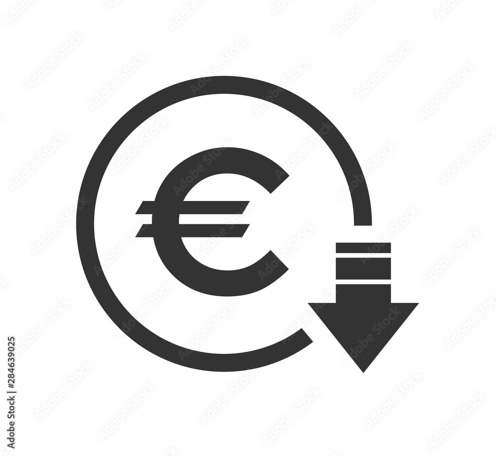 Cost reduction- decrease euro icon. Vector symbol image isolated on background . - obrazy, fototapety, plakaty 