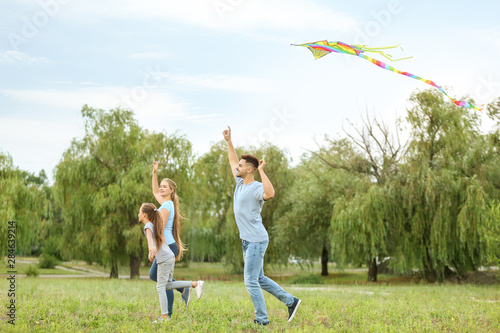 Happy family flying kite ou...