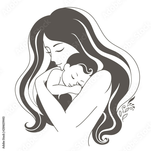Mom and baby vector illustration. Motherhood. Baby sleeps on moms hands.